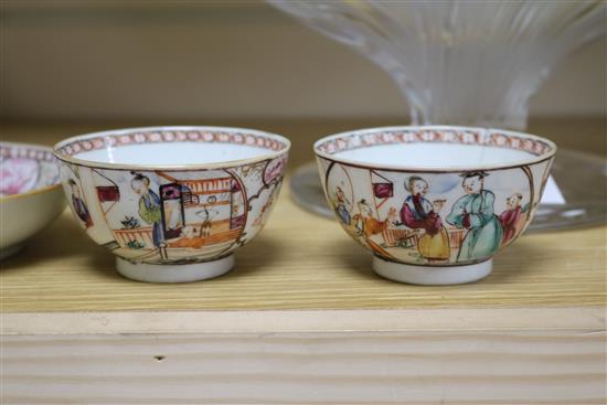 Three 18th century Chinese family rose tea bowls and two saucers, two other teabowls and three wood stands